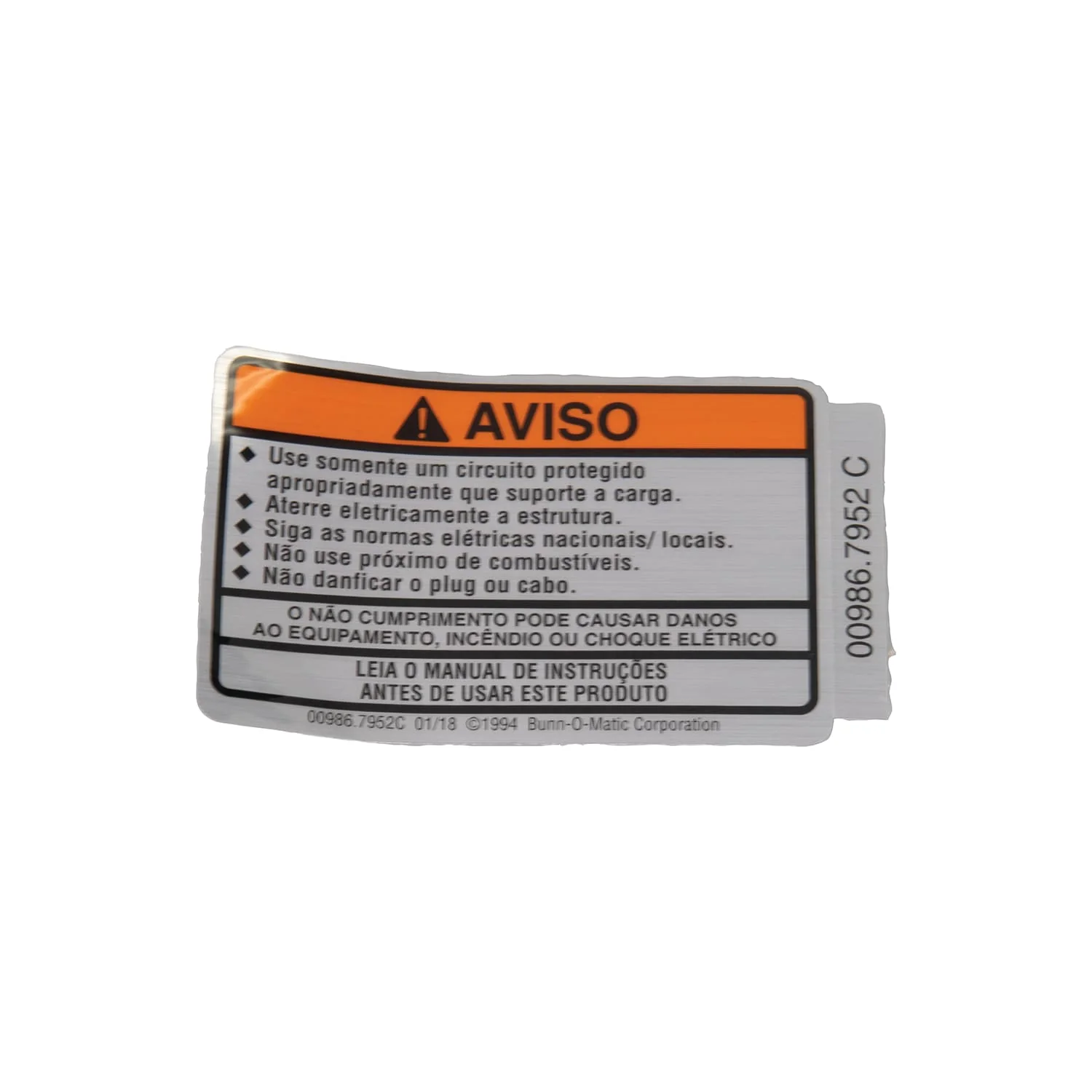 Bunn 00986.7952 Decal Warning Electrical Portuguese